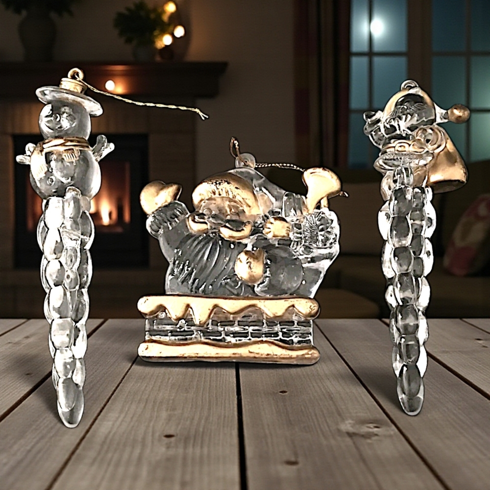 Acrylic Icicle Ornaments Lot x‎ 3 Snowman Santa Claus Gold Trimmed Clear Lucite.